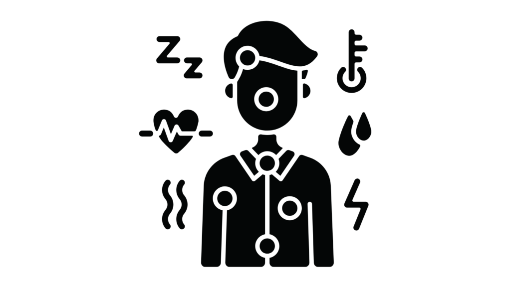 Illustration af en person med symptomer på sygdom, omgivet af ikoner som termometer, hjerte, sveddråbe og lynsymbol.