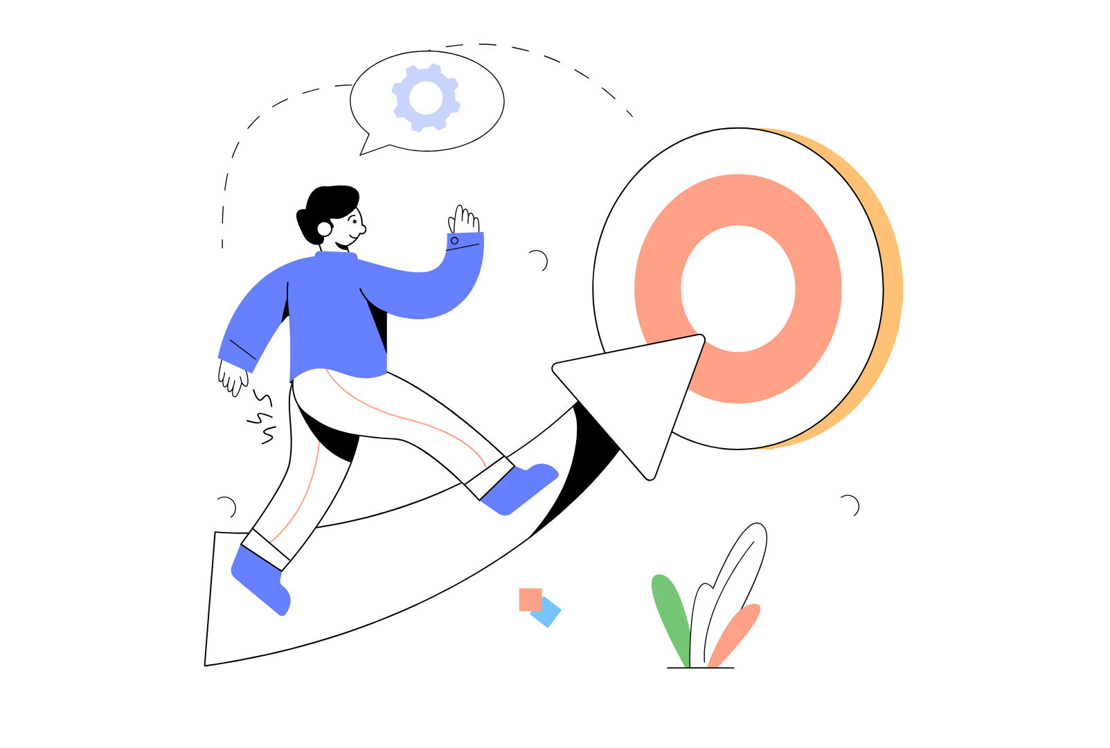 Illustration af en person, der går på en pil mod en stor måltavle, mens en stor markør peger på midten.