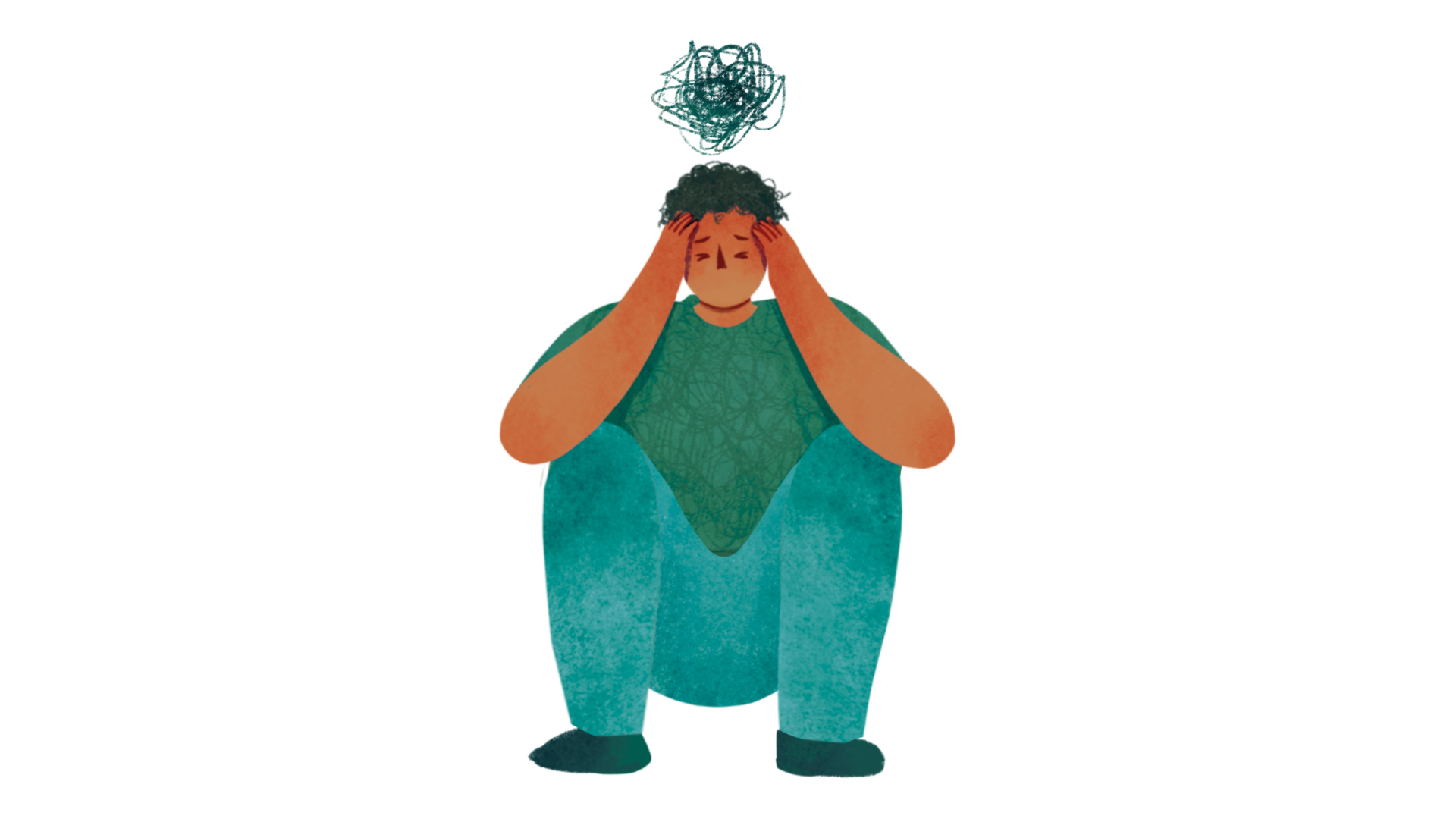 Illustration af en person med hænderne mod hovedet og et udtryk af frustration eller overvældelse.