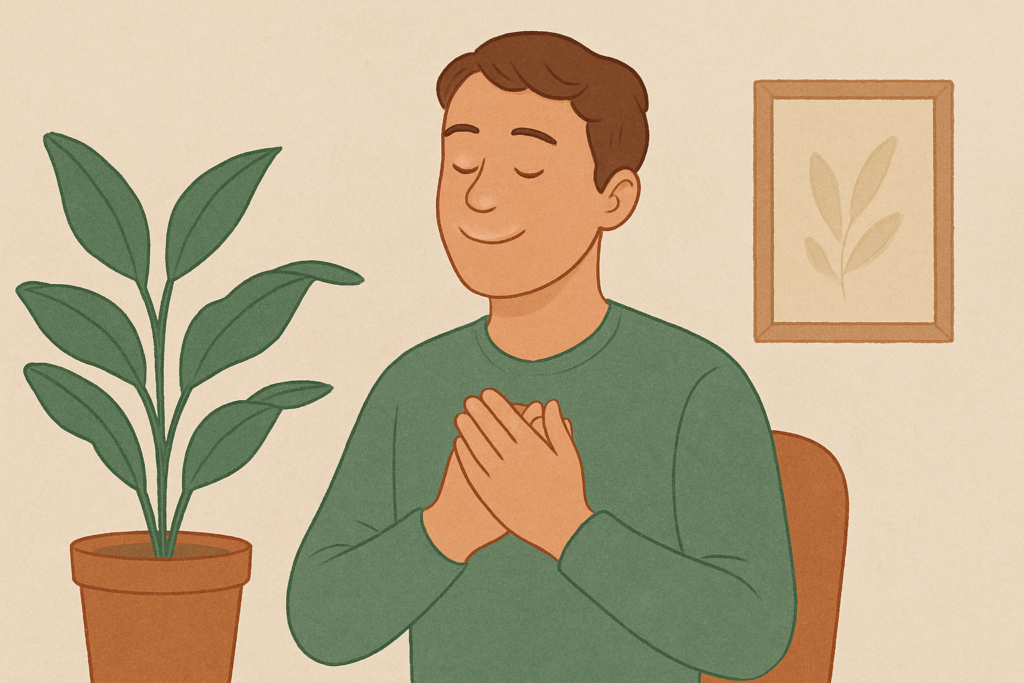 Illustration af en mand, der sidder med lukkede øjne og hænderne foldet over brystet. I baggrunden ses en potteplante og et billede på væggen.