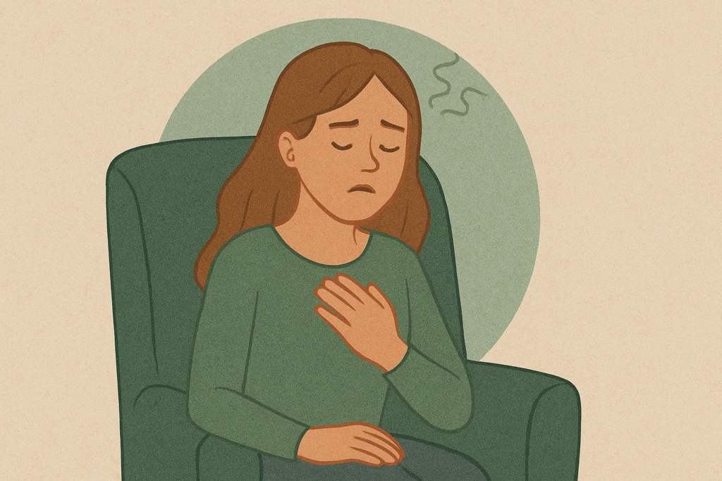 Illustration af en kvinde, der sidder i en stol med hånden på brystet og ser bekymret eller utilpas ud.