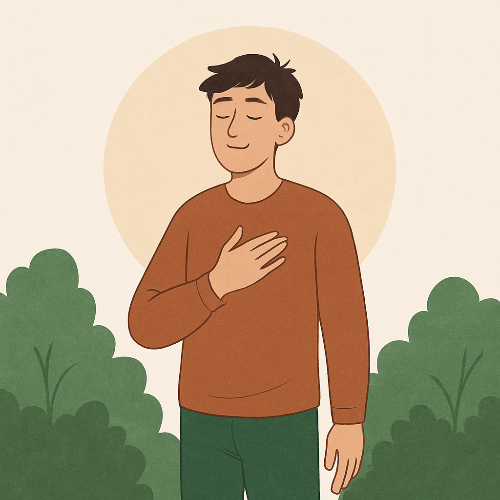 Illustration af en mand, der står udendørs med lukkede øjne og hånden på brystet i en rolig og afslappet gestus.