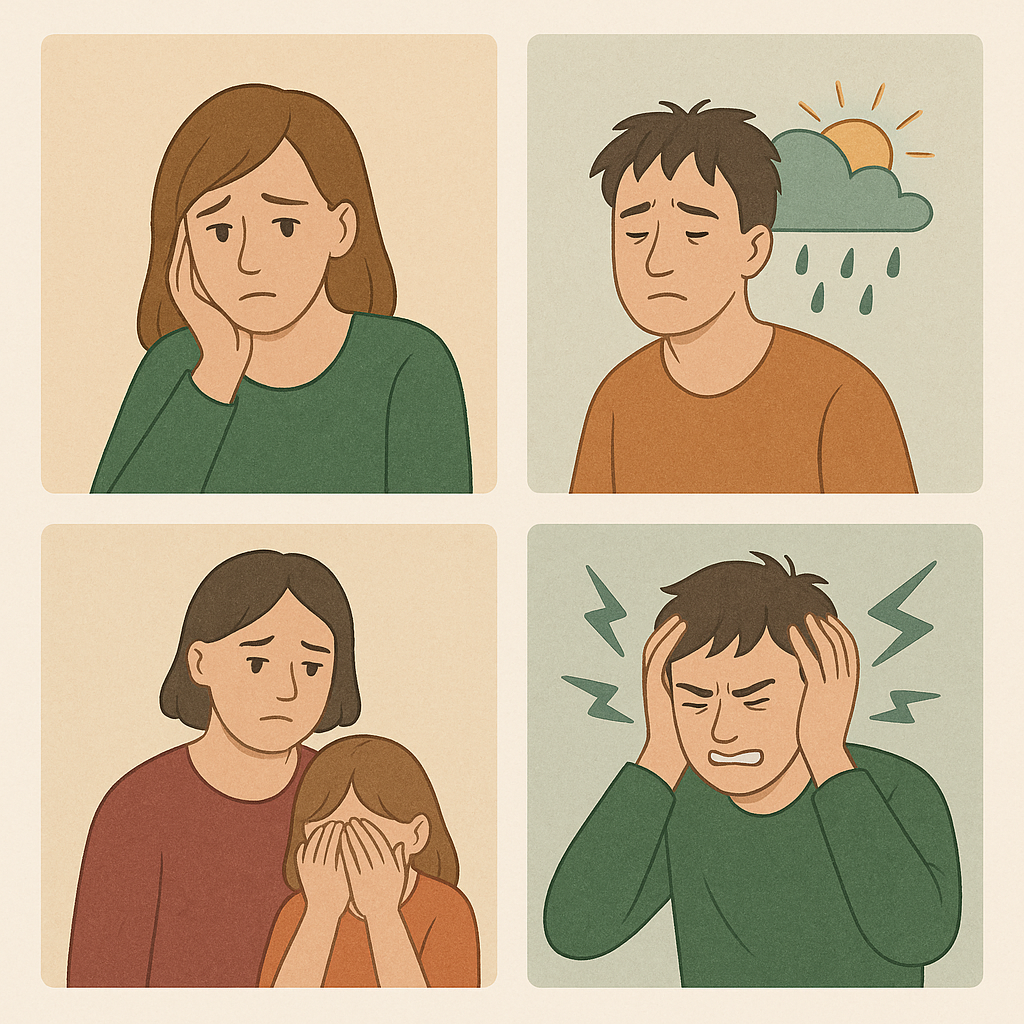 4 billeder med folk med hvert deres symptomer