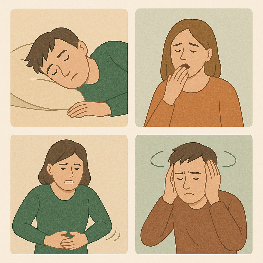 4 billeder med folk med hvert deres symptomer