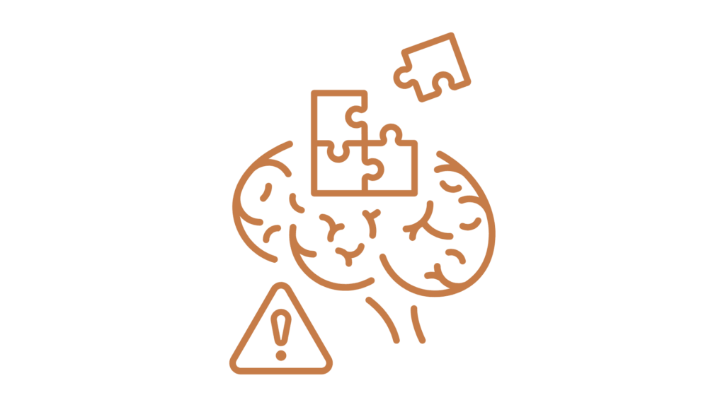 Illustration af en hjerne med puslespilsbrikker, hvor en brik mangler. Ved siden af ses et advarselssymbol med udråbstegn.