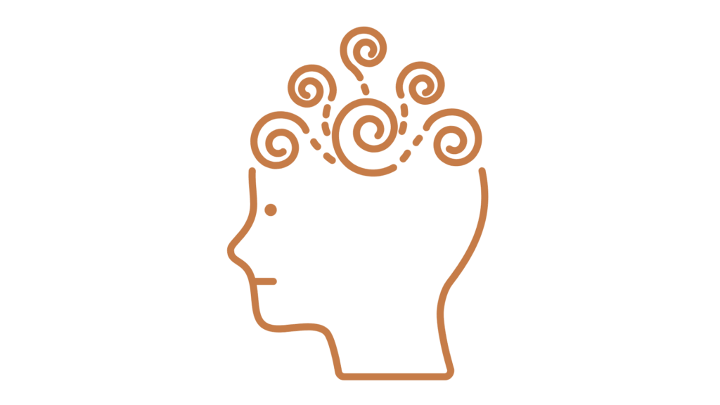 Illustration af en menneskeprofil med spiralformer i hovedet, som symbol på tankemylder eller forvirring.